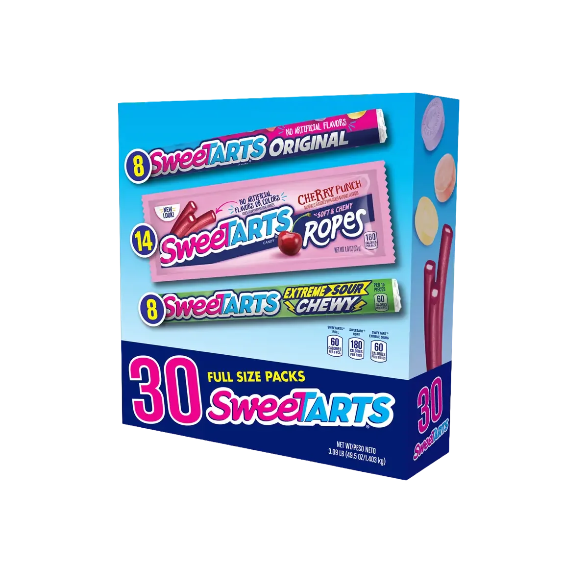 A colorful box of SweetARTS candies featuring cherry punch ropes, extreme sour chewy candies, and assorted packs. The box highlights the number of packs and calories per serving.