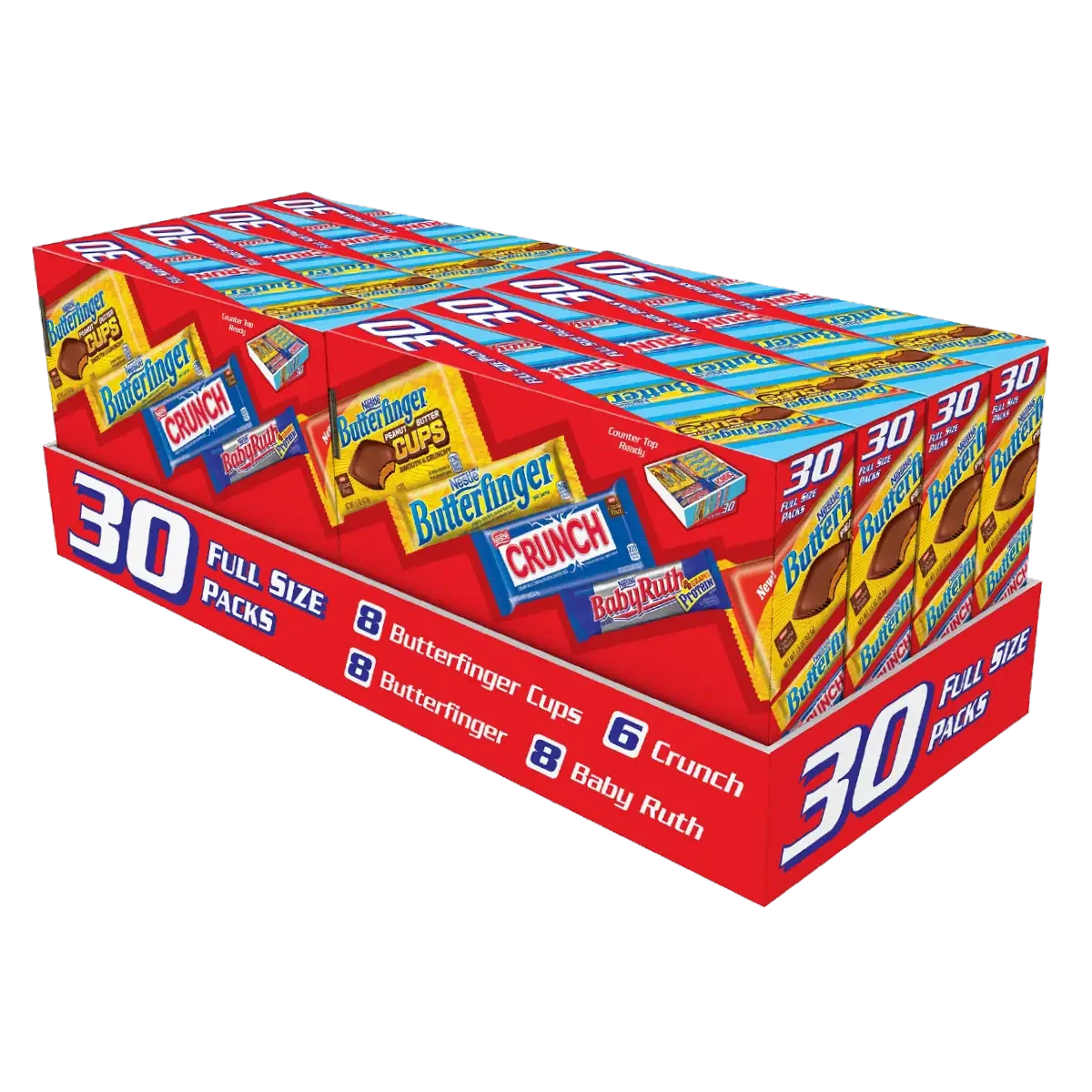 Box of Nestlé Butterfinger, Crunch, BabyRuth, and Butterfinger Cups candy bars in 30 full-size packs.