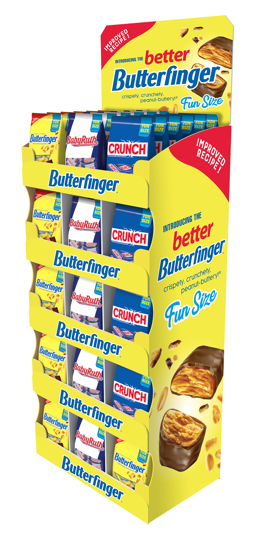 Display box of Butterfinger candy bars with boxes of BabyRuth and Crunch bars inside.