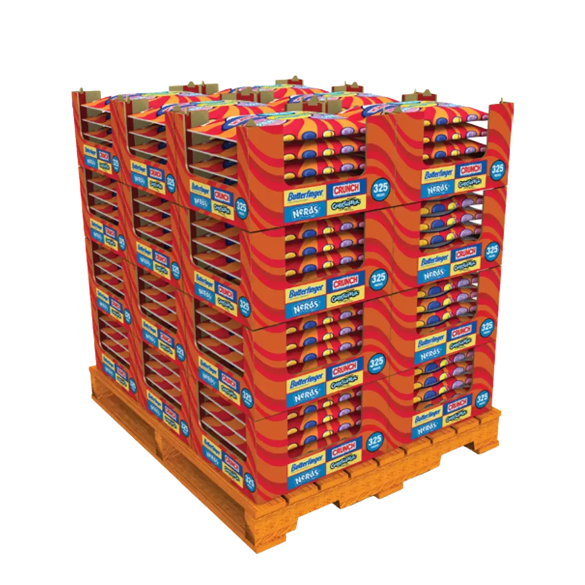 Stack of candy boxes on a pallet, featuring colorful packaging with various labels.