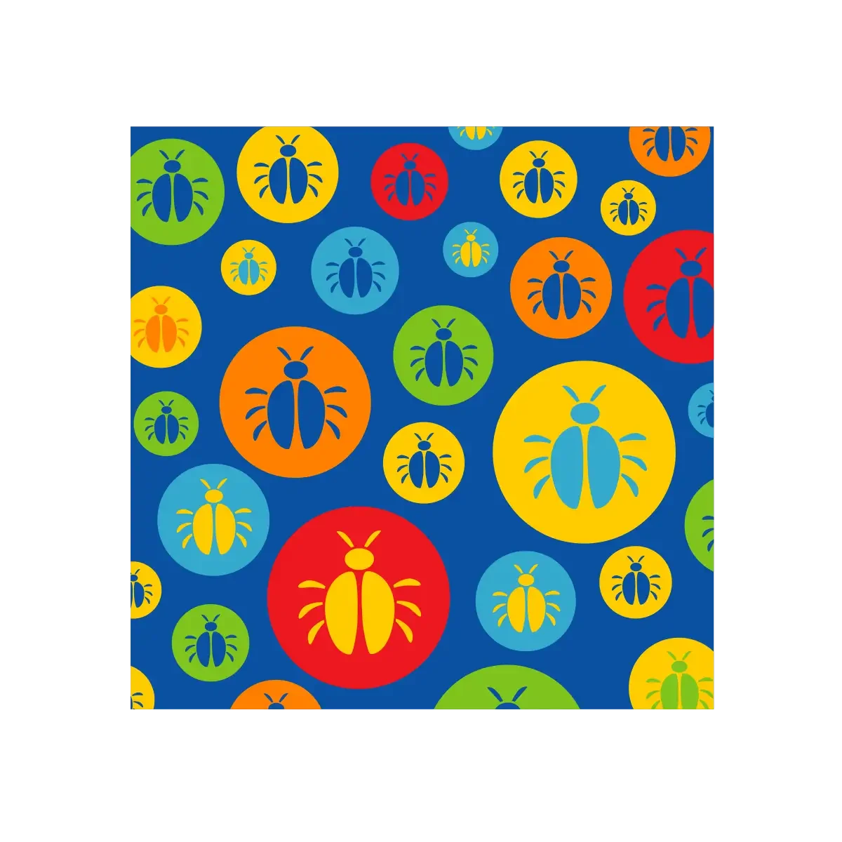 Colorful pattern of circles with bug silhouettes on a navy blue background.