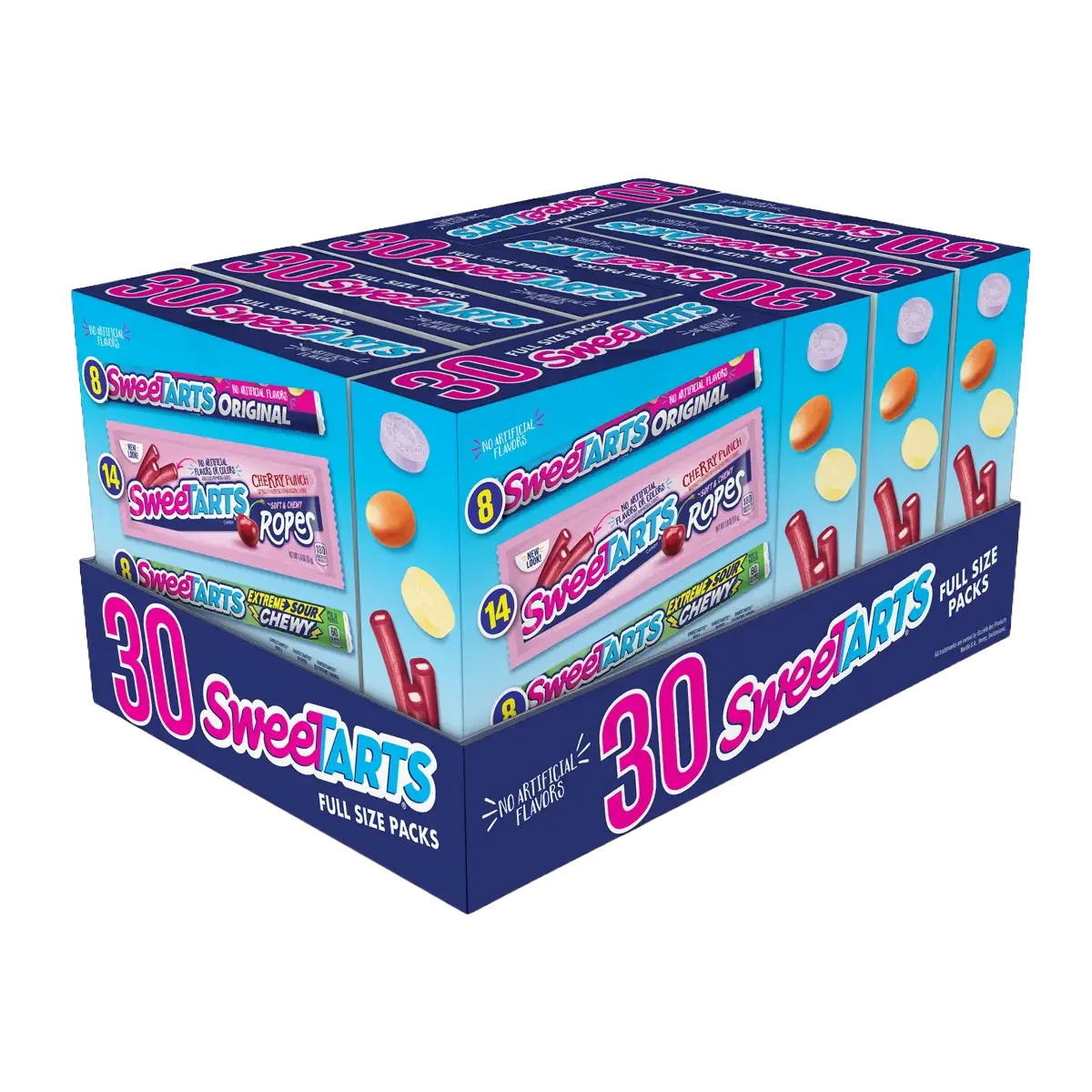 Box of 30 packs of SweetARTS candies with flavors like cherry punch, ropes, and extreme sour chewy, in a blue and pink packaging.