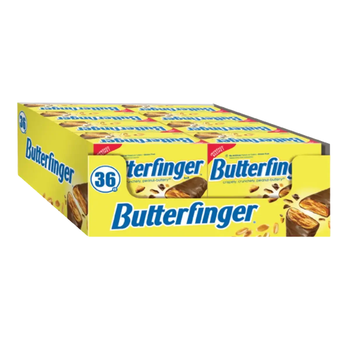 A yellow box containing 36 Butterfinger candy bars with visible branding and image of chocolate-covered peanut candy.