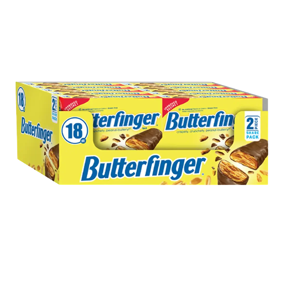 Packaging of Butterfinger candy bars, 18 pieces, with an illustration of a chocolate-covered candy bar and its peanut buttery interior, on a yellow background.