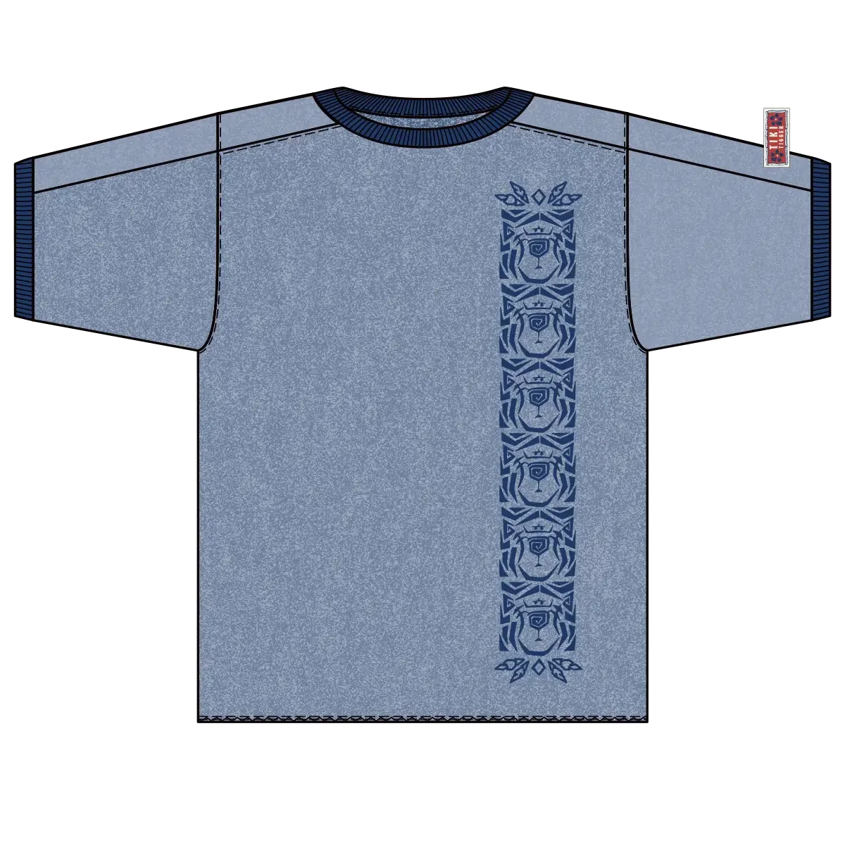 Blue T-shirt with a vertical row of stylized lion faces across the front and a small logo on the sleeve.