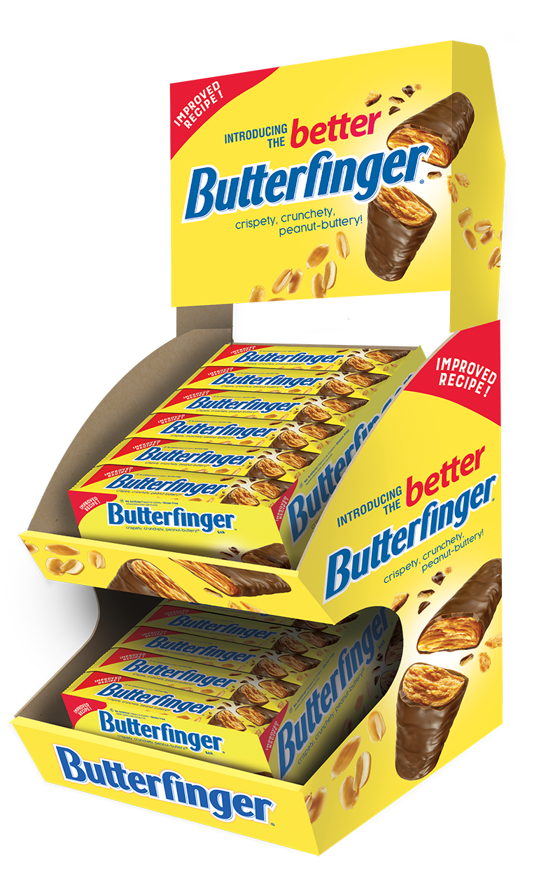 Display box of Butterfinger candy bars with the new recipe logo. Several candy bars arranged inside the box with illustrations of the chocolate-covered, peanut-butter-filled bars and scattered peanuts. The packaging highlights the improved, crispy, c