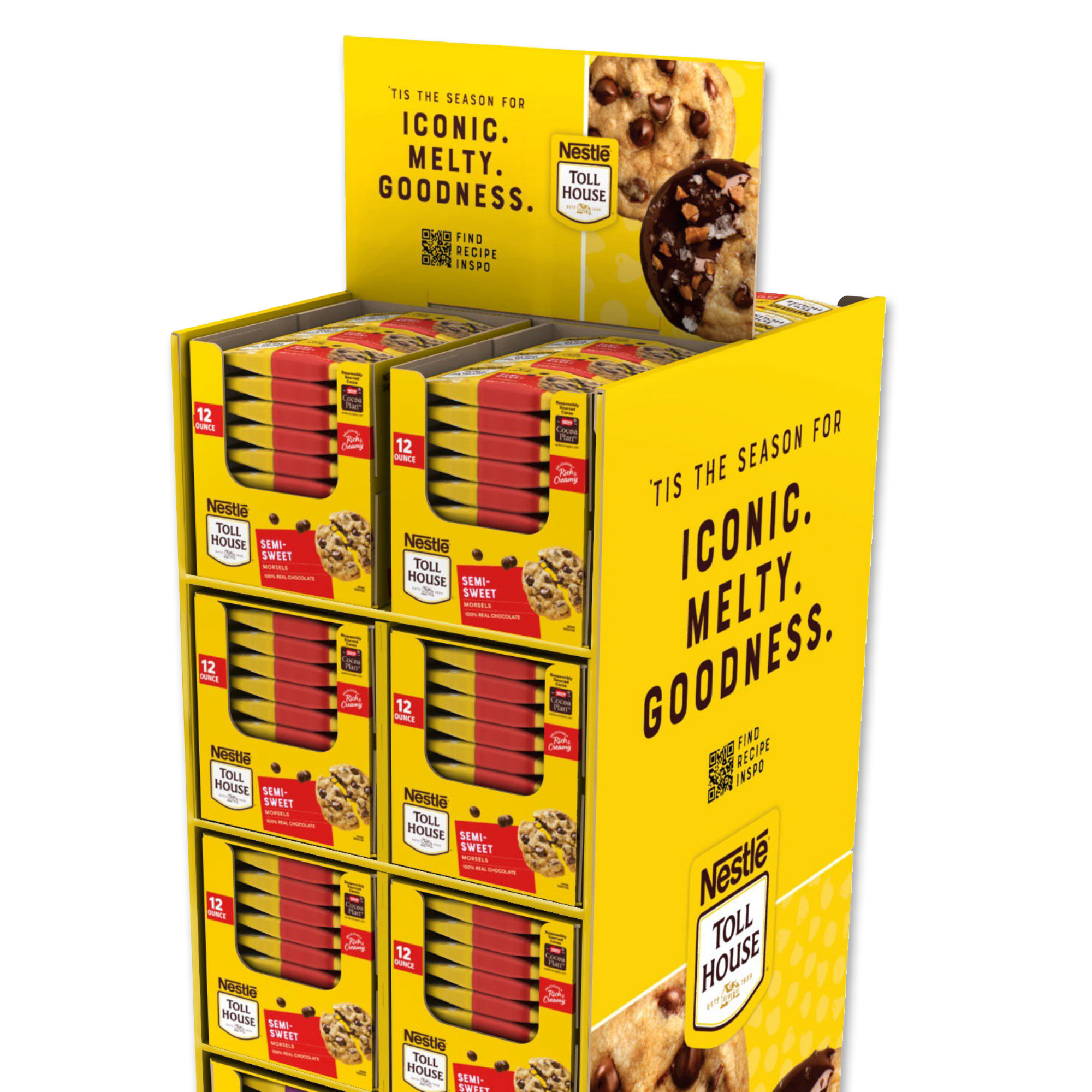 Display of Nestlé Toll House semi-sweet chocolate chips in 12-ounce packages on a quarter pallet POP display.