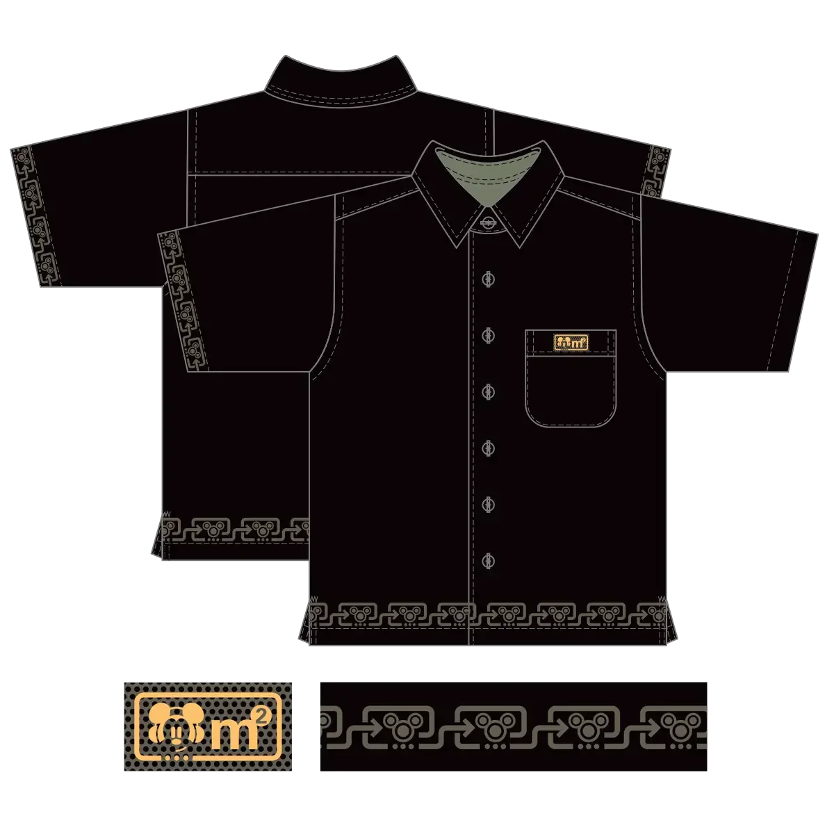 Black short-sleeve button-up shirt with decorative embroidery on sleeves and hem, and a small patch pocket on the chest with a gold embroidered logo.