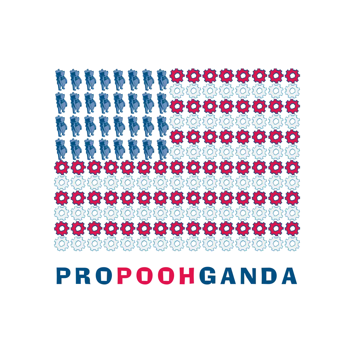 Illustration of the American flag made with blue, red, and light blue gears and film icons, with the word 'PROPOOHGANDA' at the bottom.