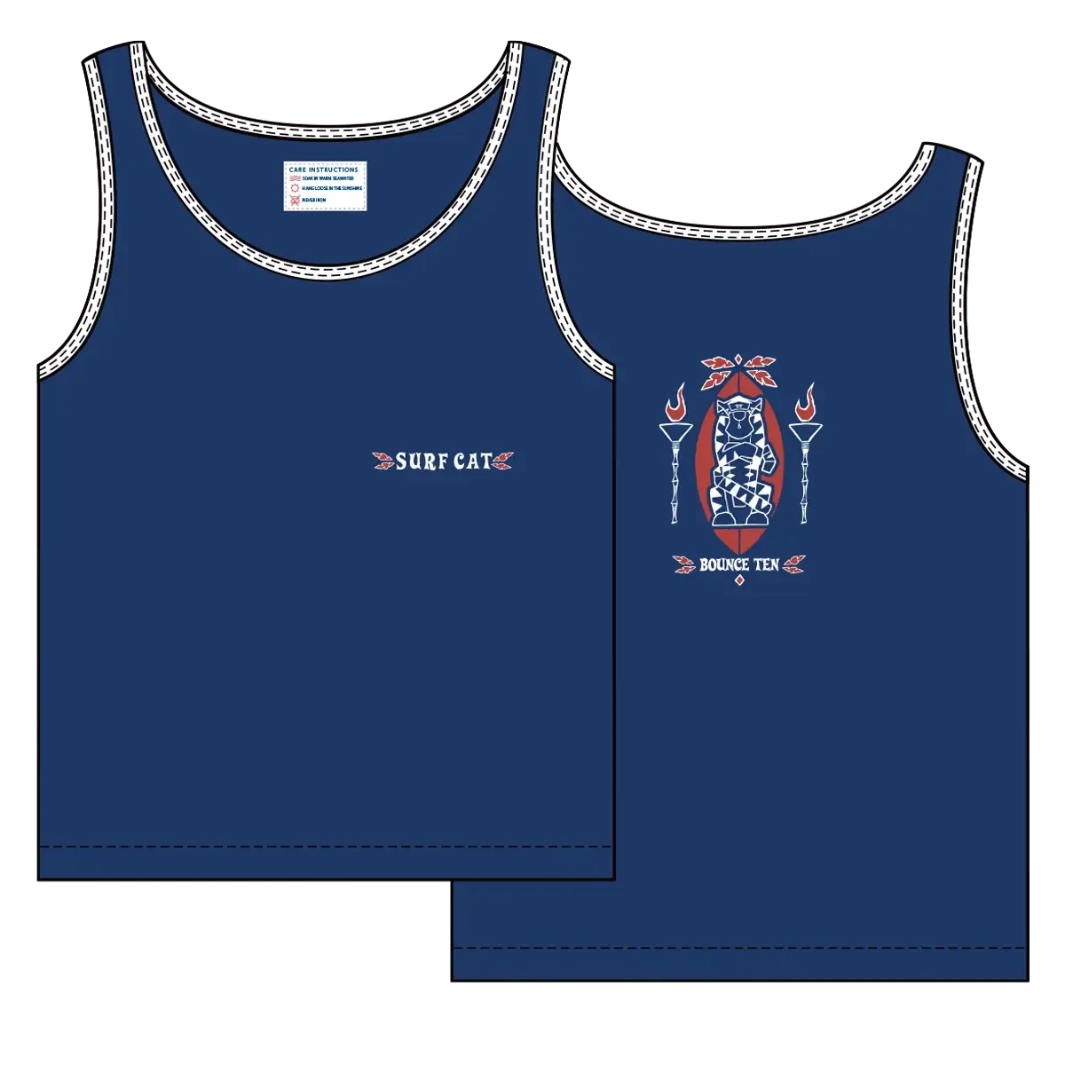 Two blue tank tops with white stitched borders, one showing a small logo reading 'Surf Cat' on the chest, and the other featuring a graphic of a cat in tribal style with two tiki torches and the words 'Bounce Ten' beneath.