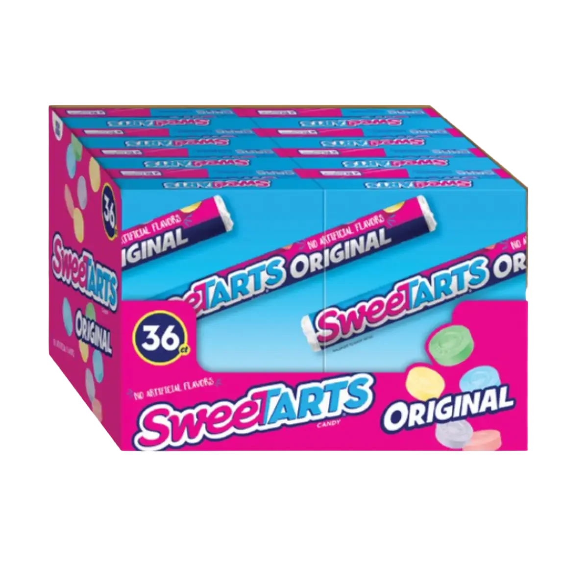 A box of Sweet Tarts candy featuring 36 pieces, with colorful candies and a roller in pink, blue, and white on the packaging.