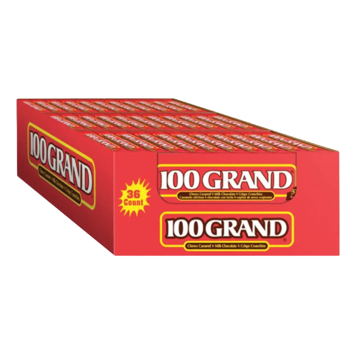 A large red box of 100 GRAND candy bars, showing multiple individual candy bars inside. The box indicates 36 count and the flavor as chewy caramel and milk chocolate.