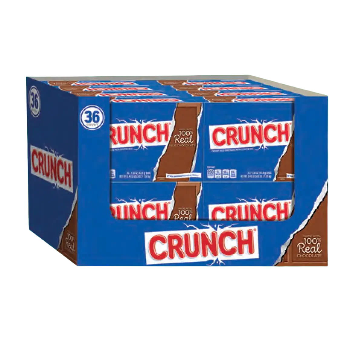 A cardboard box containing multiple packs of Crunch chocolate bars, each pack with a blue and brown design and the word 'Crunch' prominently displayed.