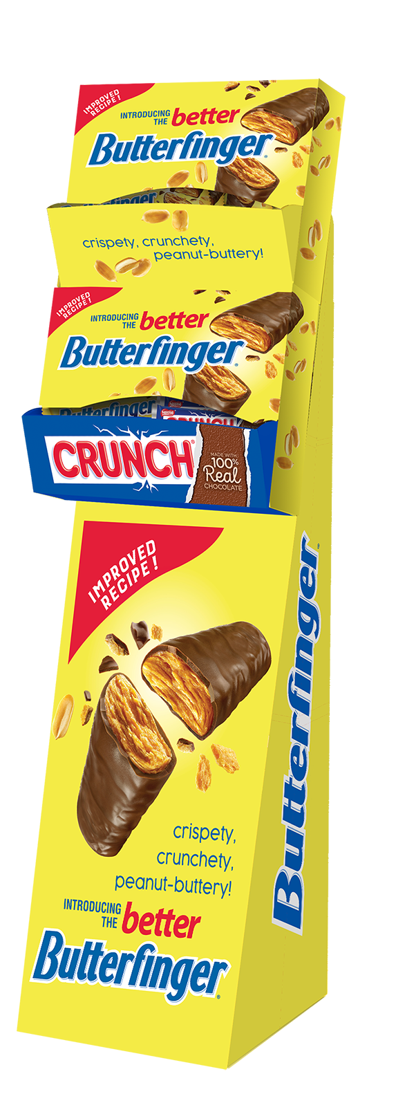 Three Butterfinger candy bar packages and one Crunch candy bar package, with a yellow background and images of the candy bar showing its peanut butter filling and chocolate coating.