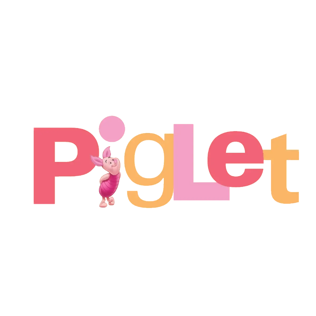 Colorful children's illustration spelling 'Piglet' with a cartoon piglet character next to the letter 'P'.