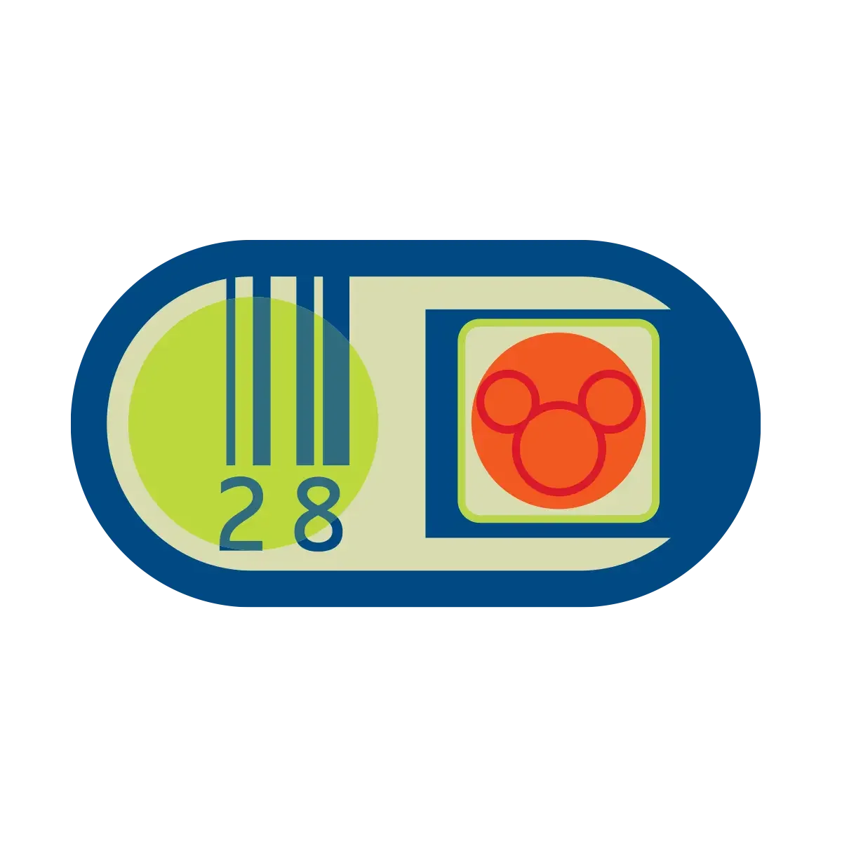 A Disney Pixar themed train ticket showing the number 28, a barcode, and a Mickey Mouse head icon.