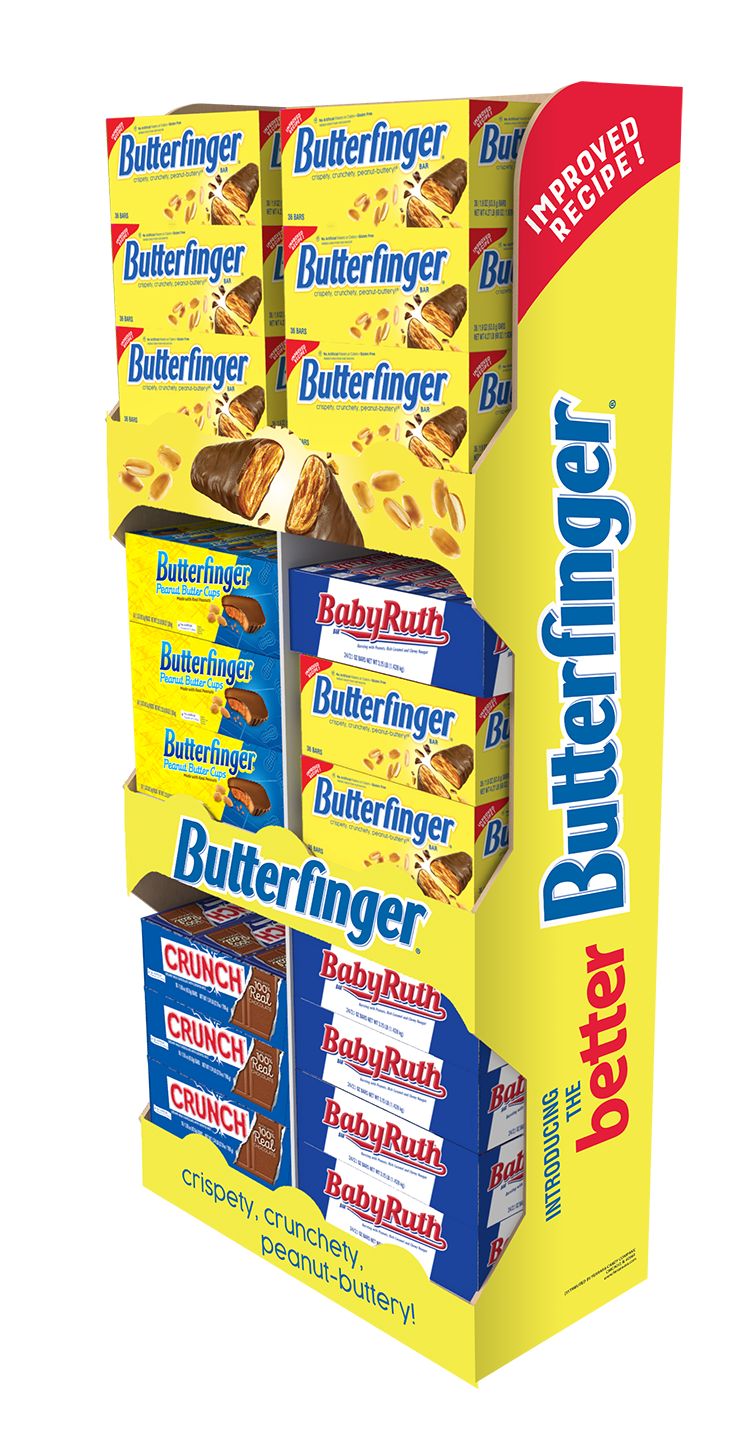 Display stand with various Butterfinger candy bars, BabyRuth bars, and Crunch bars, highlighting flavors like peanut butter and chocolate.