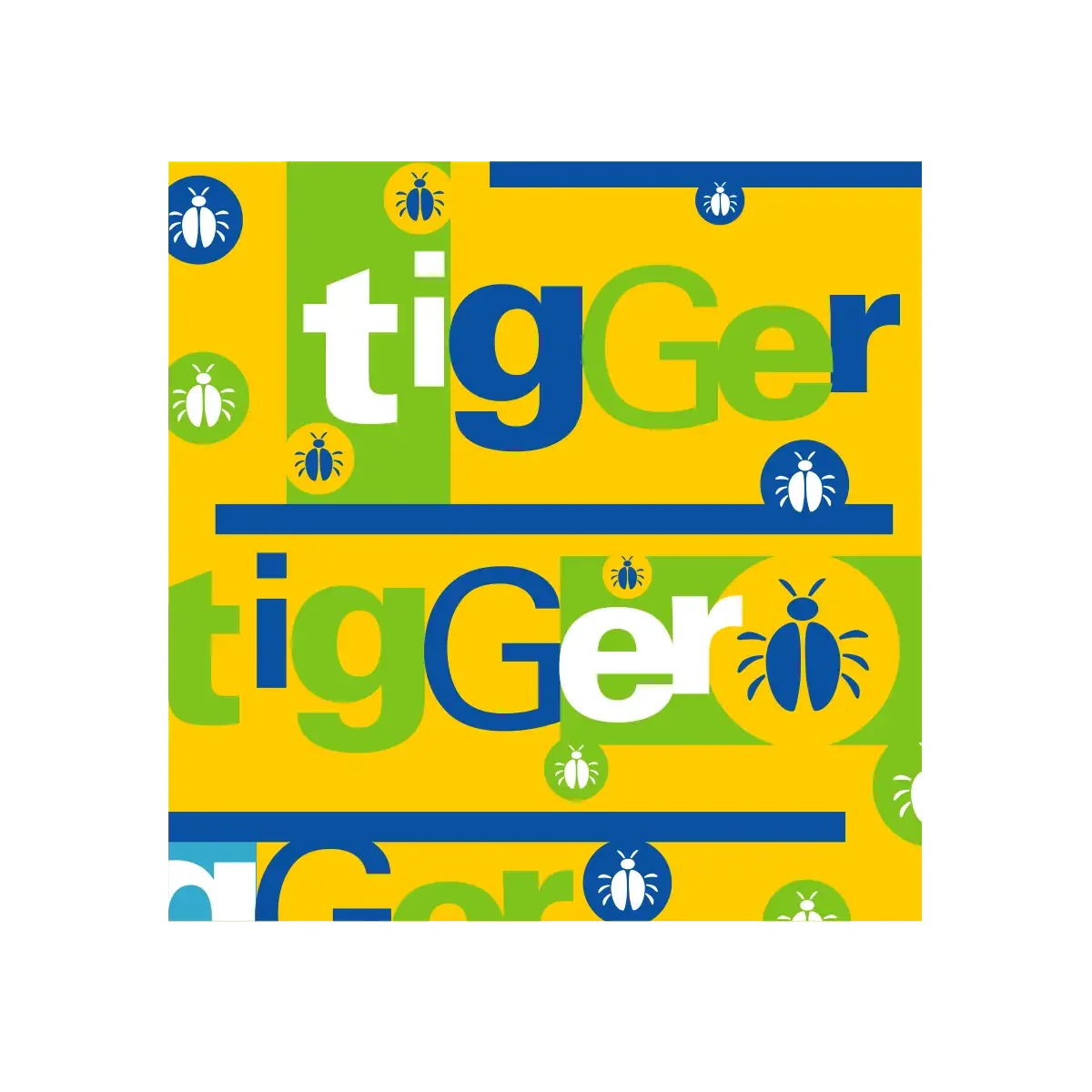 Colorful packaging with the words 'tiger' and 'tiger' repeated in different sizes and colors, with small illustrations of a beetle or bug in blue, green, and white.