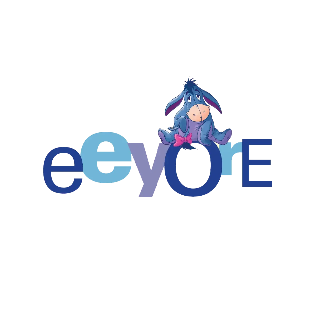 The word 'eeyo' with a cartoon donkey sitting on the letter 'o' and wearing a pink bow.