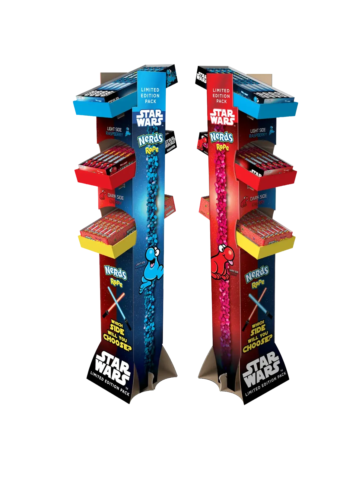 Star Wars themed Nerds Rope candy display with blue and red sections, featuring character illustrations and limited edition packaging.
