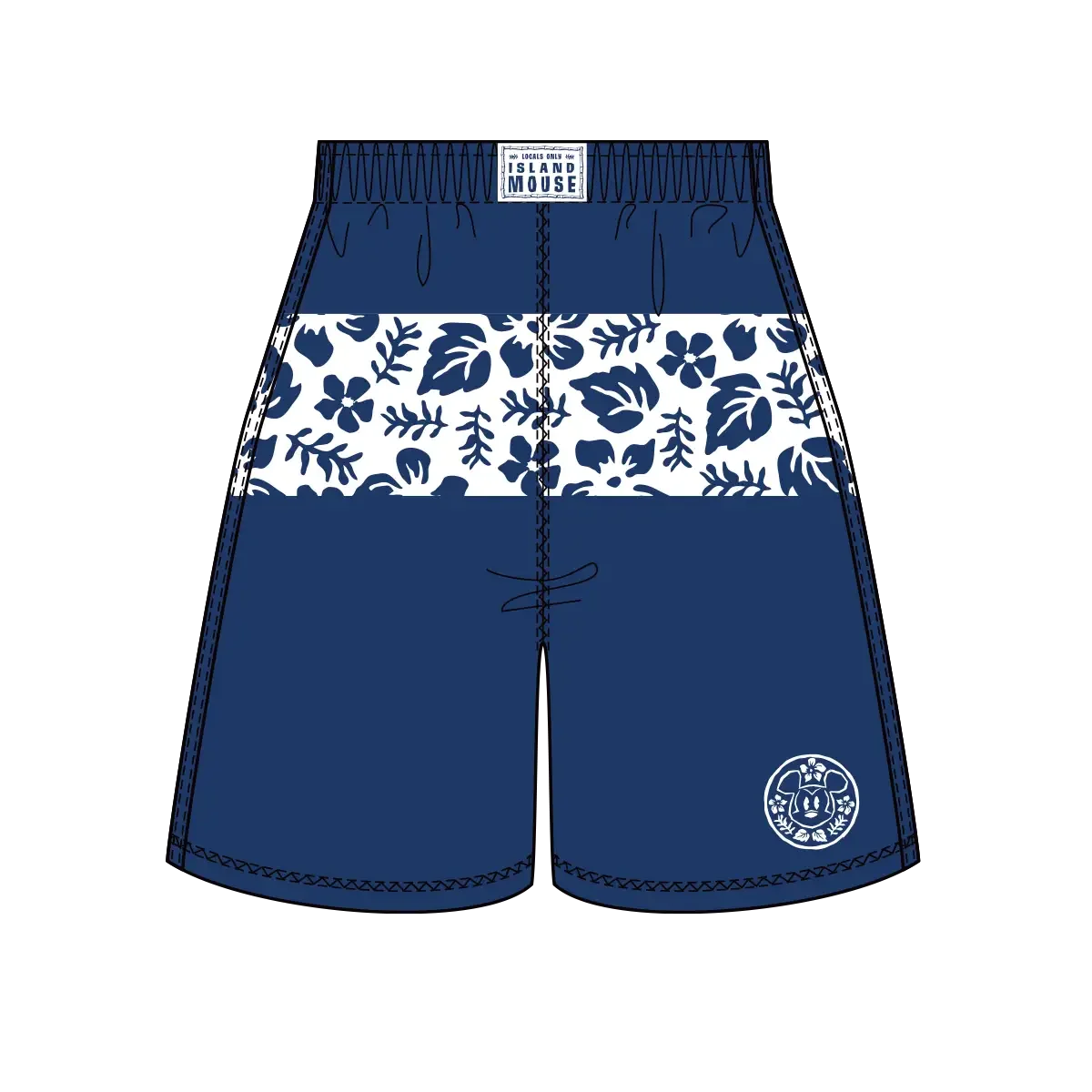 Blue and white patterned shorts with floral design and a logo on the bottom right.