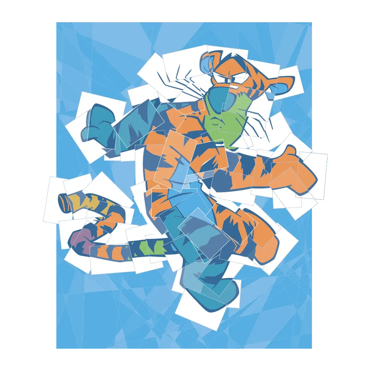 A colorful, abstract illustration of a cartoon tiger character in a dynamic pose with a blue background, created using a fragmented, collage style.