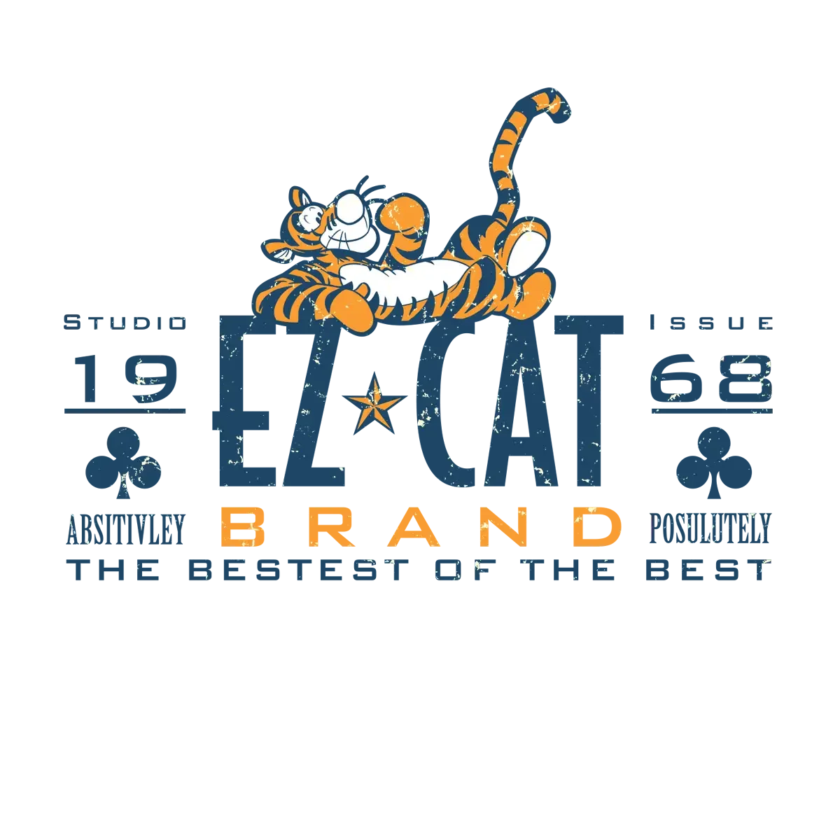 Vintage-style logo featuring a playful cartoon tiger lying on top of a navy blue backdrop with a star and a yellow strip.
