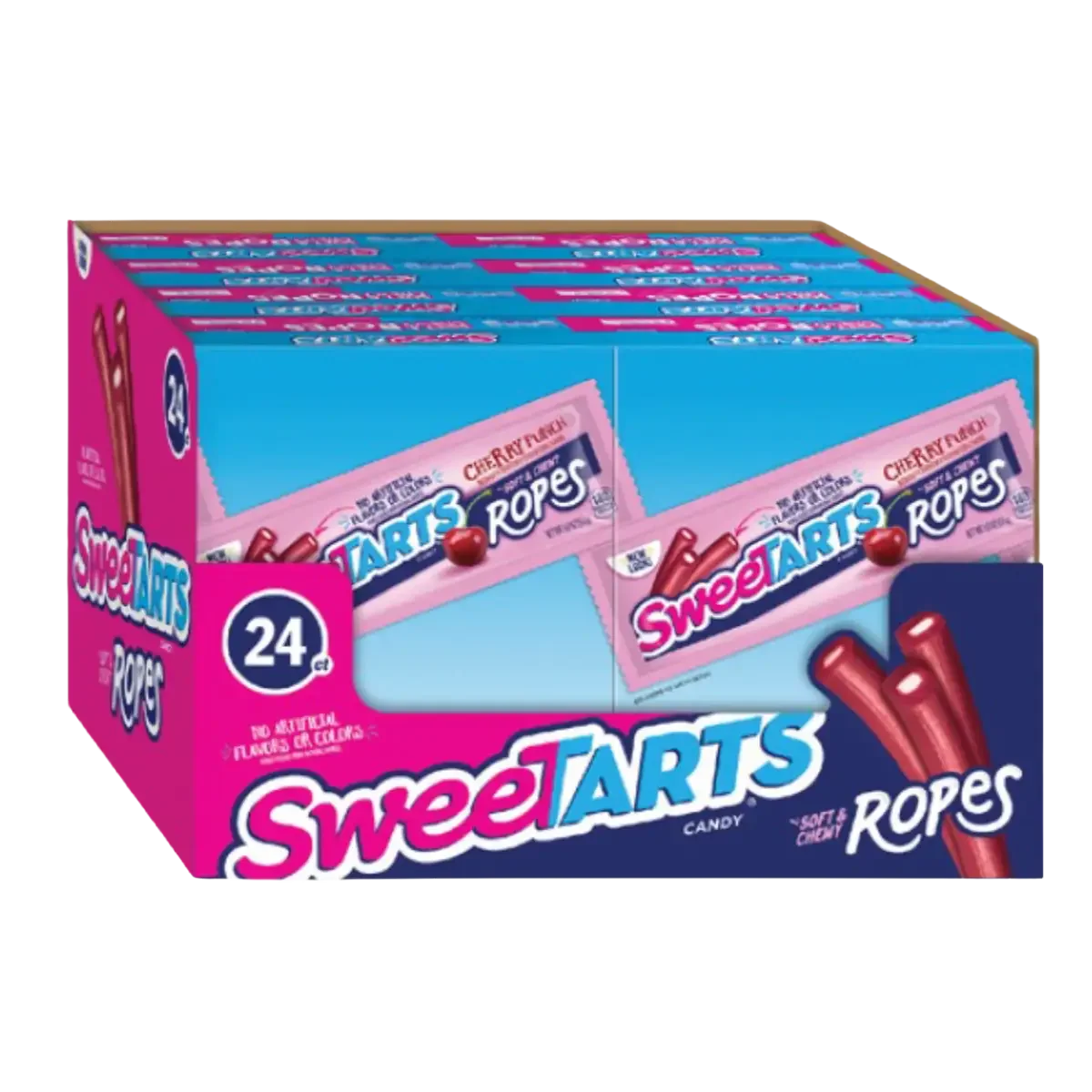 A box of Sweet Tarts Ropes candy in cherry flavor, containing 24 individual packs.