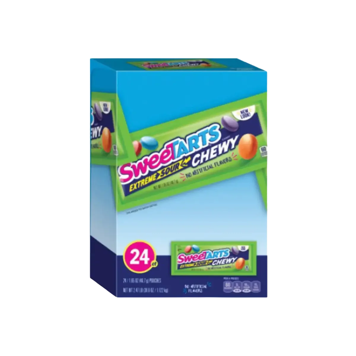 A box of SweetTARTS Chewy candies with 24 pieces, featuring colorful candy images and bright packaging design.