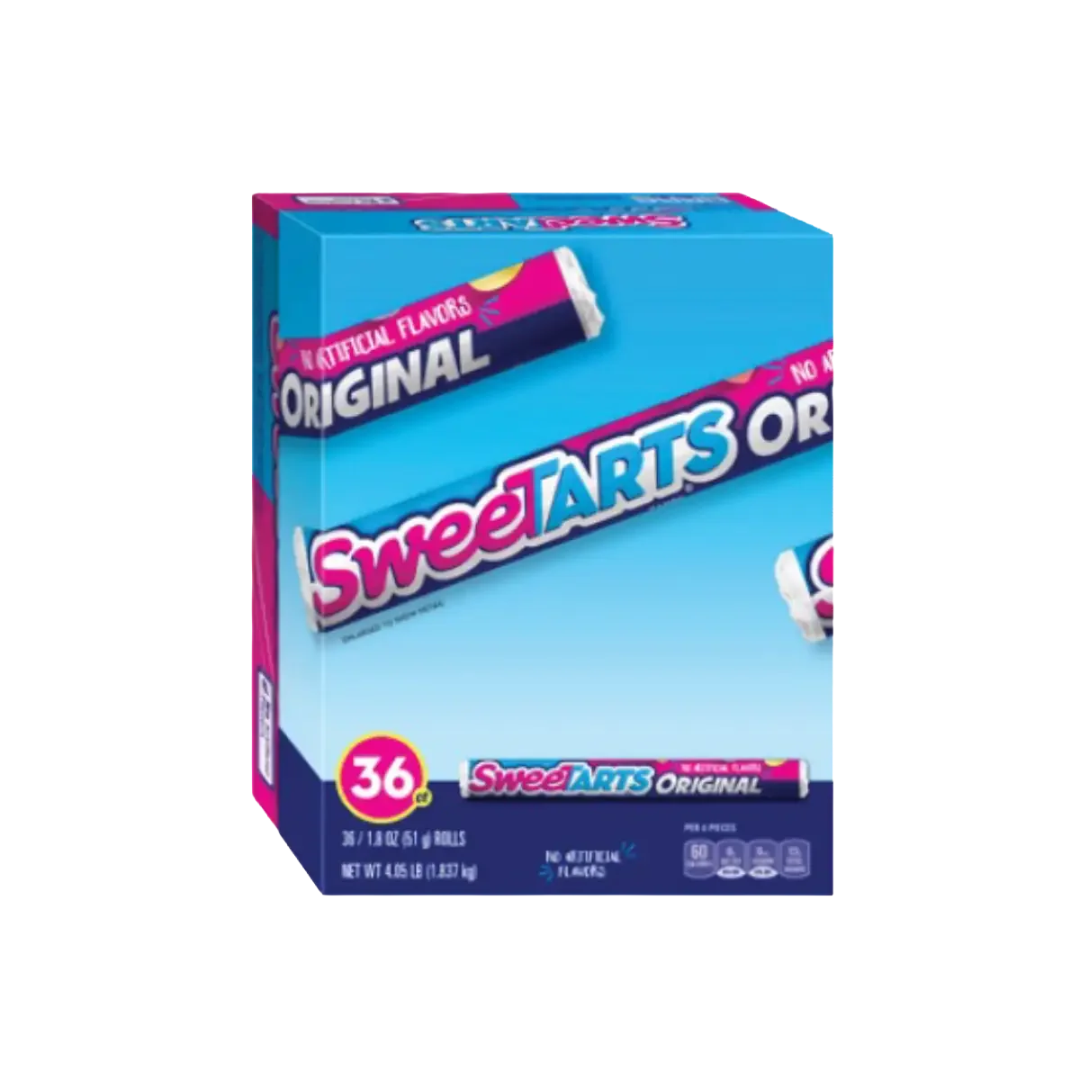 A box of SweetARTS Original candies, containing 36 rolls, with blue and pink packaging.
