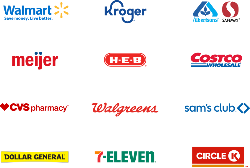 A collage of logos from various retail chains including H-E-B, Costco Wholesale, Dollar General, 7-Eleven, and Circle K.
