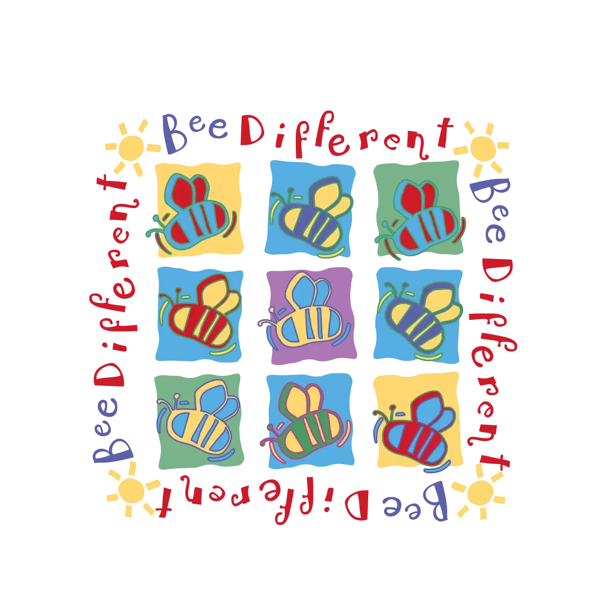 Colorful graphic with nine bees in different colored squares, surrounded by text that reads 'Bee Different' and 'Be Different, Bee Different' with small bee and sun icons.