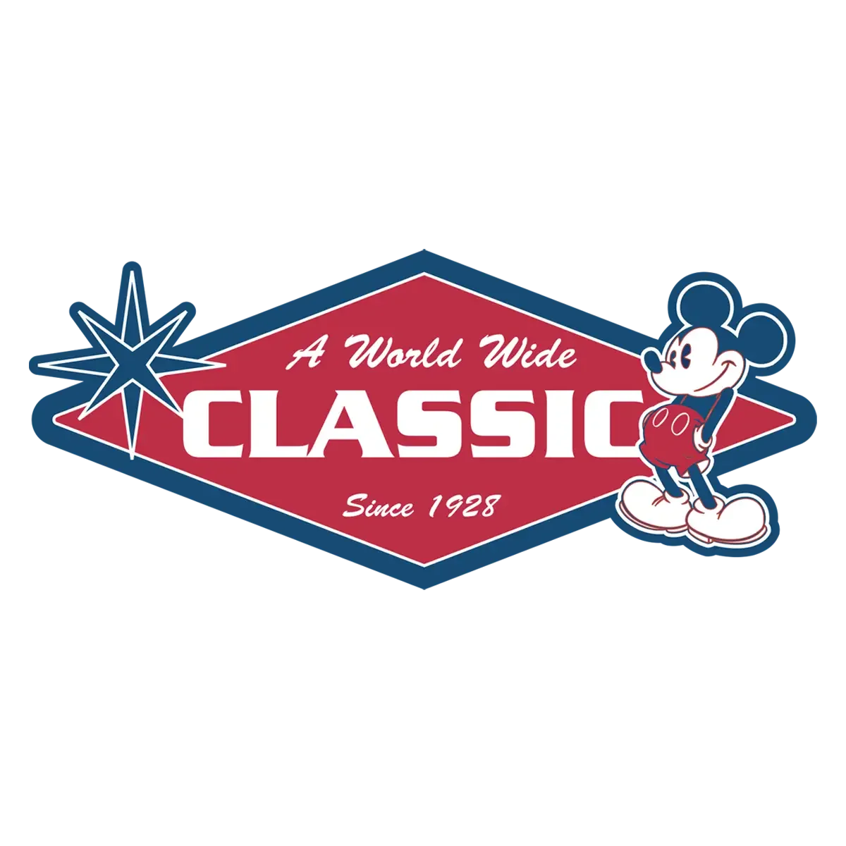 Logo of a classic car event featuring Mickey Mouse, with the text "A World Wide Classic Since 1928" in red, white, and blue colors.