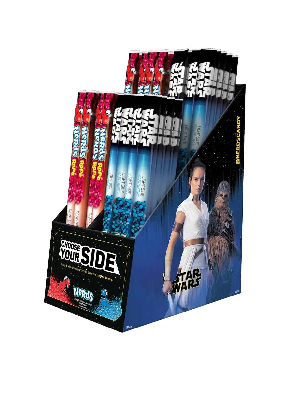 Star Wars themed candy display with pink and blue packages of Nerds and Pop Rocks, featuring characters Rey and Chewbacca on the packaging, with a space background.