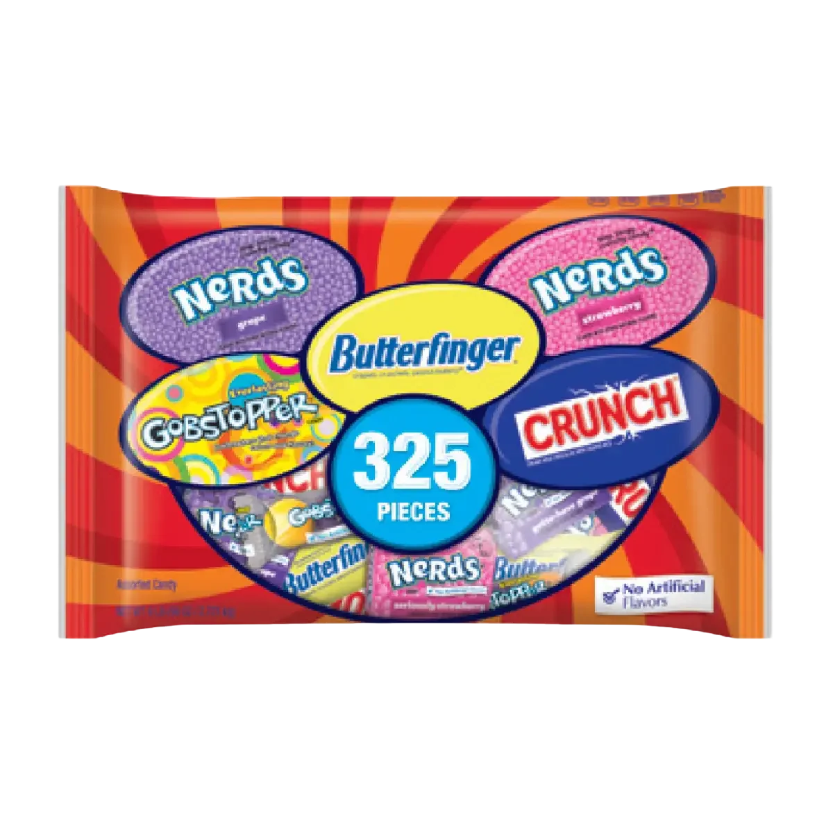 A colorful bag containing various types of Nerds, Butterfinger, Gobstopper, and Crunch candies, with a label indicating 325 pieces and no artificial flavors.