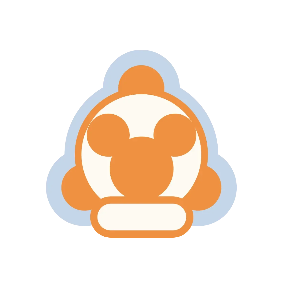 Graphic of a stylized orange Mickey Mouse face with circular ears, outlined in darker orange, set against a light blue shadow background.