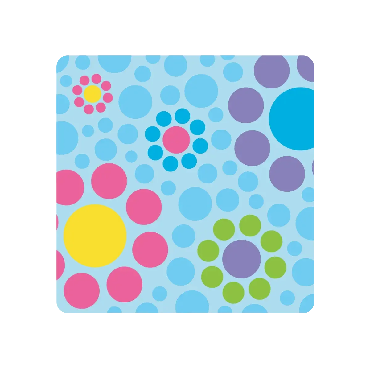 Decorative notebook cover with colored circles and flower-like patterns in pink, yellow, blue, purple, and green on a light blue background.