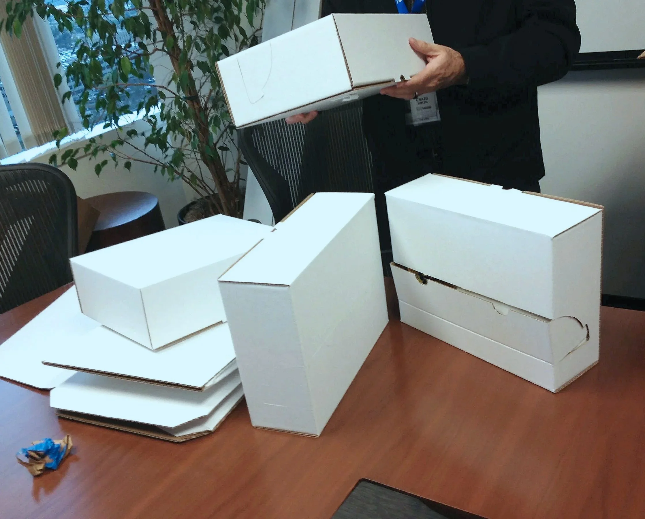 POP display process development - review of corrgated POP display white sample, several variations and additional display components (base, outer shipper, etc.)