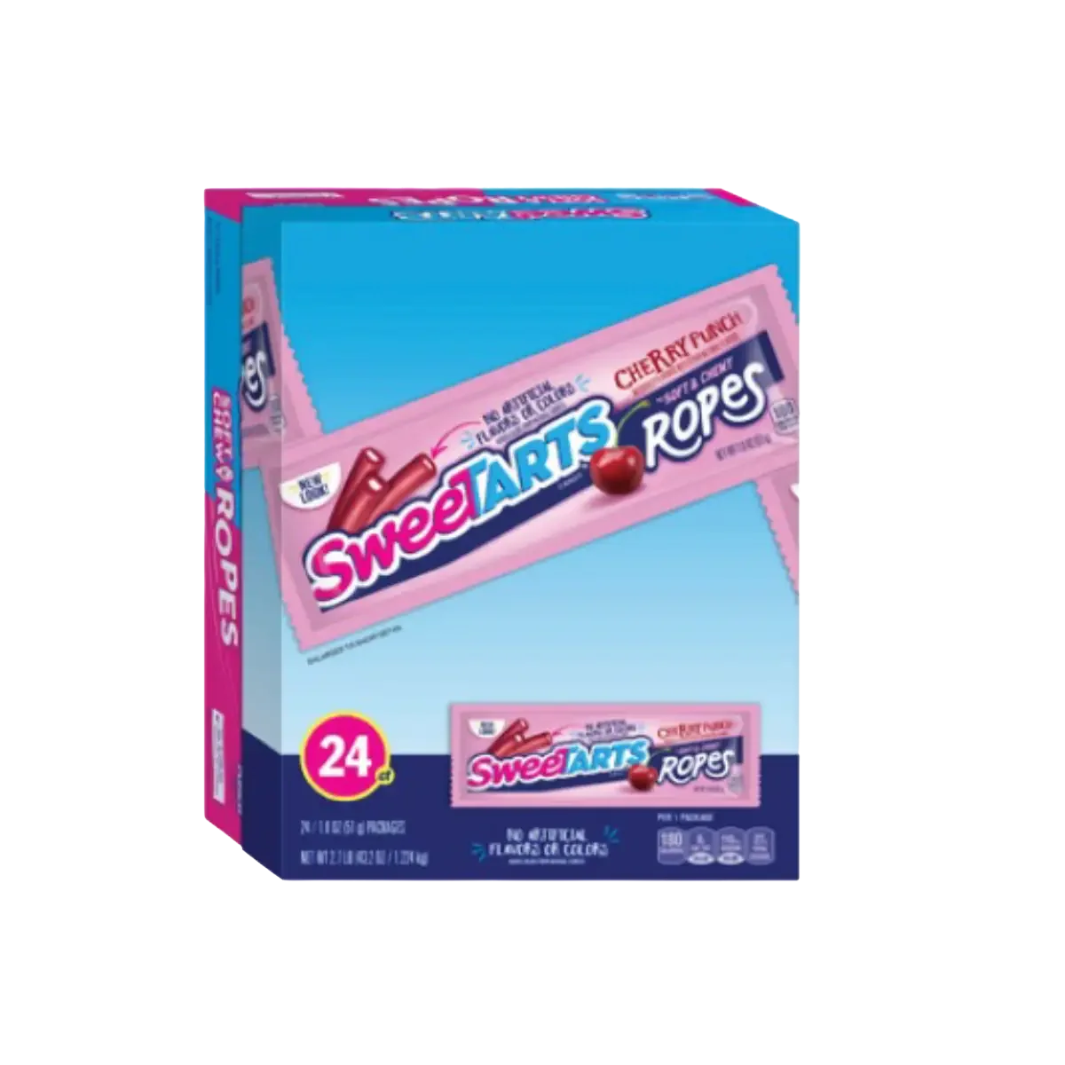 Box of Sweet Tarts Ropes Cherry Peach flavored candies, with 24 individually wrapped candies inside.
