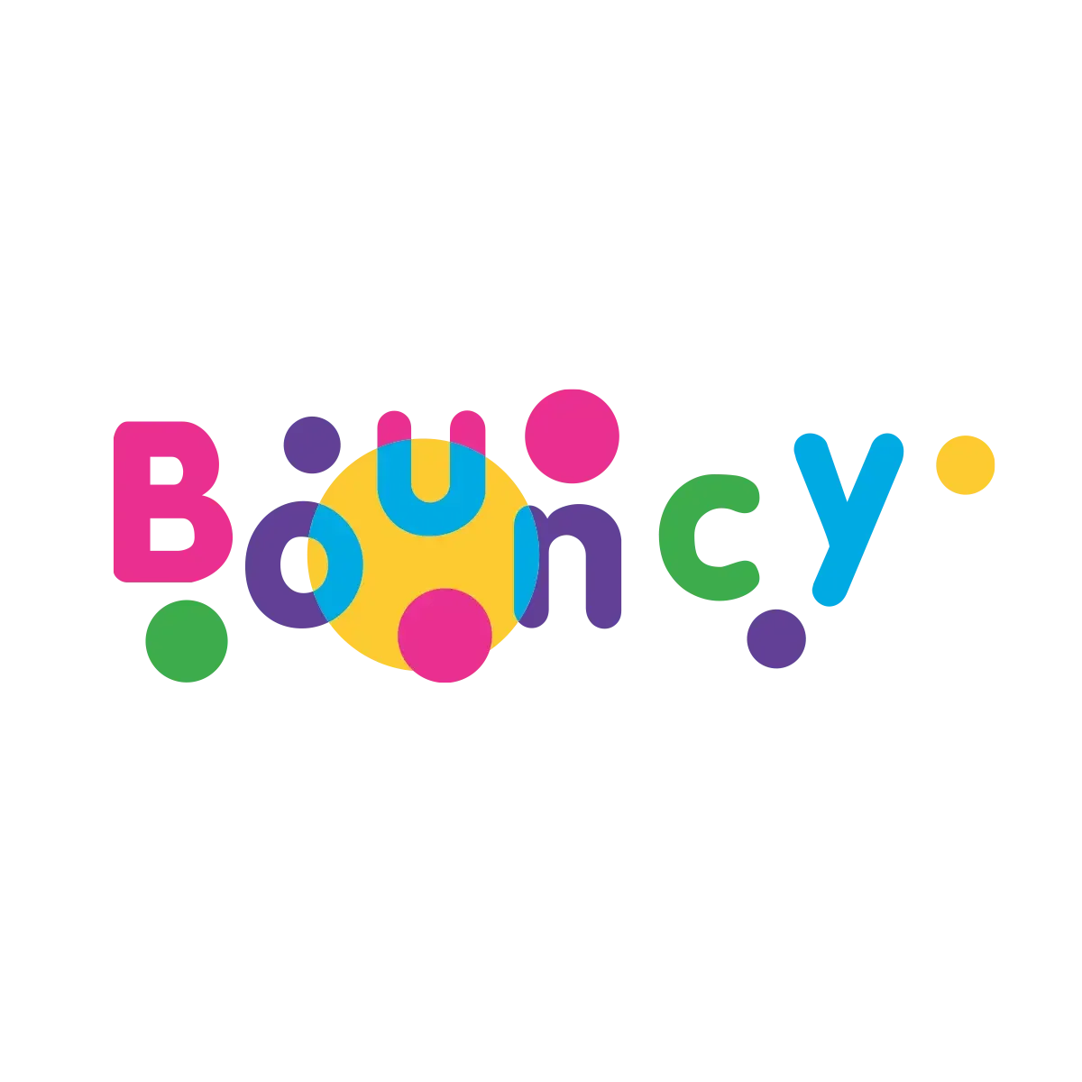 Colorful graphic spelling out 'Bouncy' with multicolored letters and polka dots.