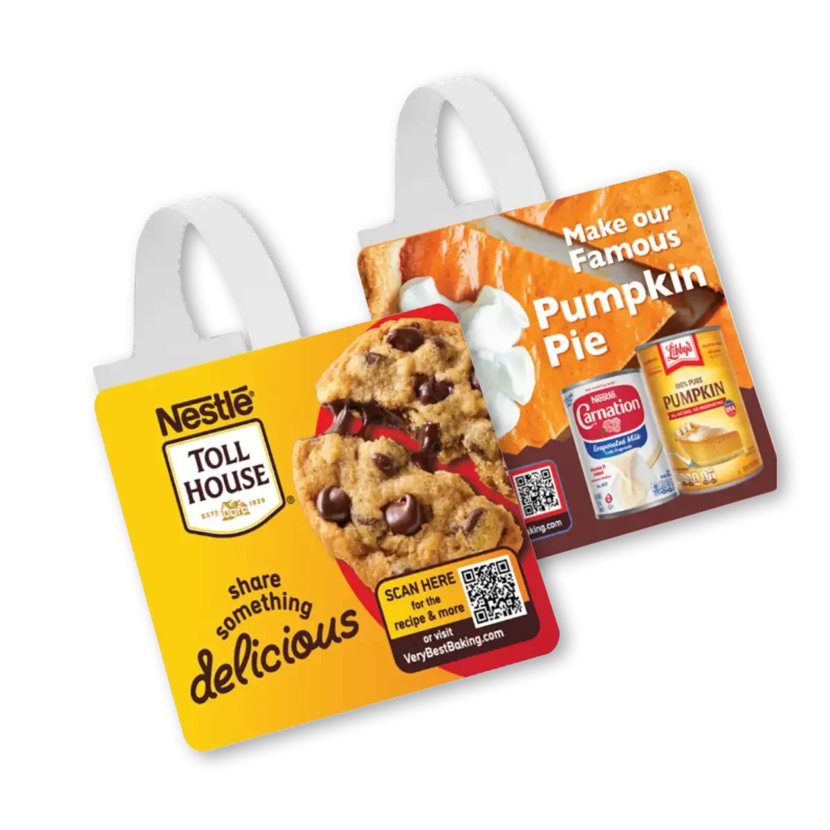 Two paper shopping bags, one with a cookie recipe card and the other with a pumpkin pie recipe card, featuring images of chocolate chip cookies and pumpkin pie ingredients.