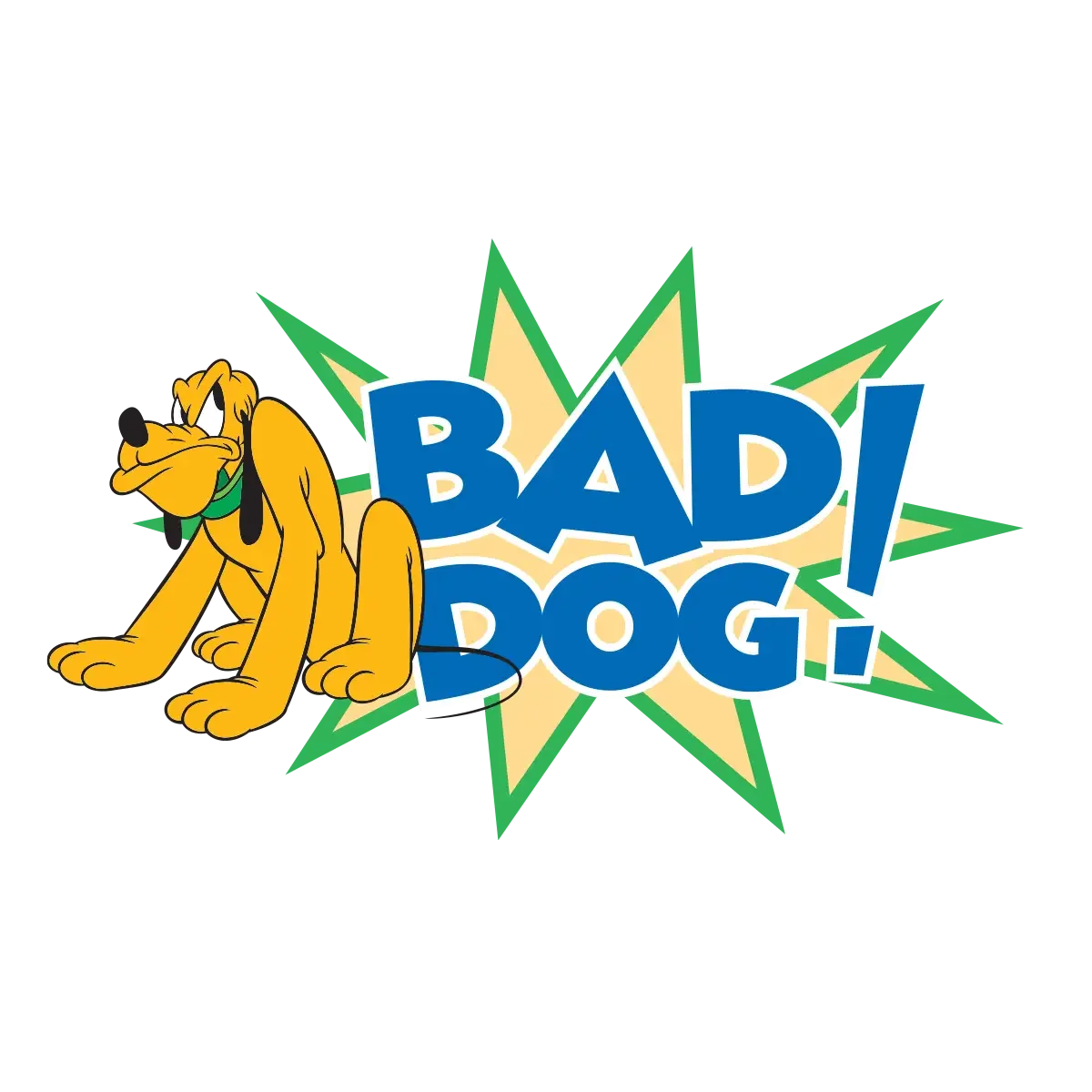 Cartoon image of a sad-looking dog with drooping ears and a floppy body, with the words 'BAD! DOG!' in bold blue letters and a comic-style yellow and green explosion background.