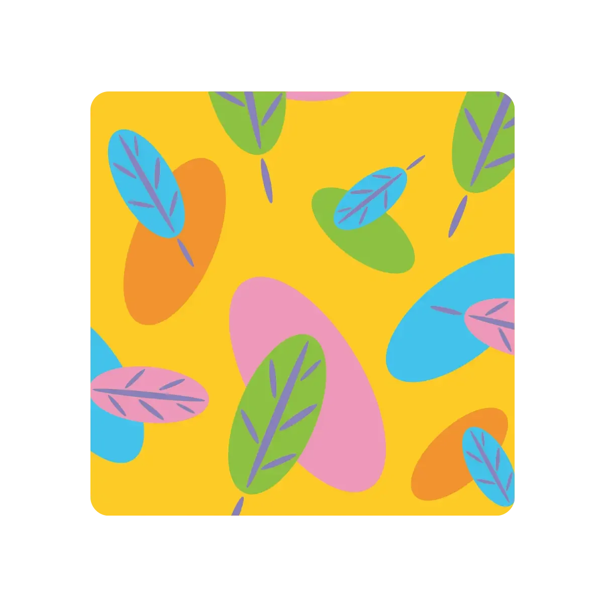 Colorful abstract pattern with leaves and ovals on a yellow background.