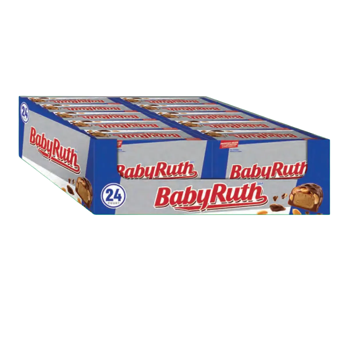 Box of Baby Ruth chocolate bars, 24 in the package, with images of chocolate and caramel on the packaging.