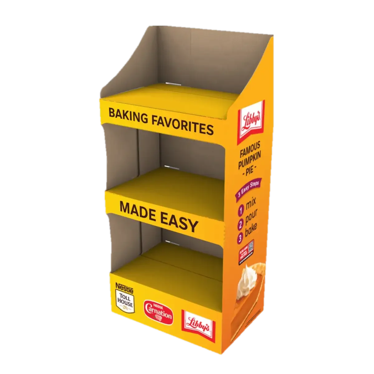 Empty cardboard display stand with yellow shelves and labels promoting a famous pumpkin pie recipe, featuring instructions in three steps and branding from Libby's, Nestlé Toll House, and Carnation.