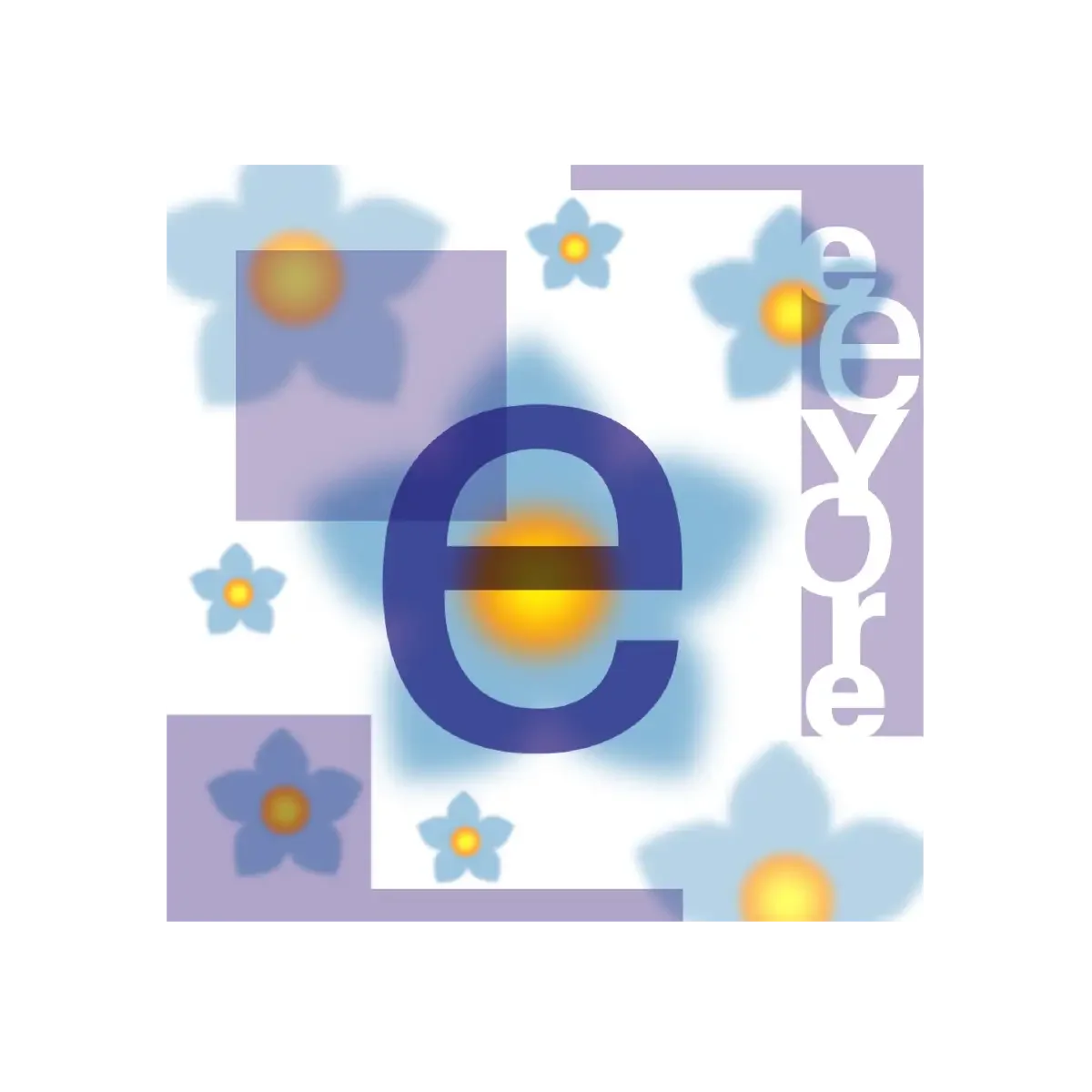 Stylized graphic of the letter 'E' with a background of blue flowers and the word 'eveyore' in light purple text.