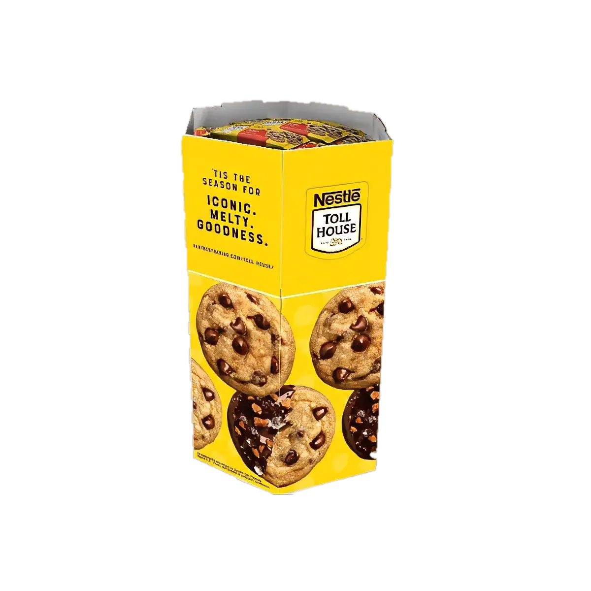 Yellow box of Toll House chocolate chip cookies with images of cookies on the front.
