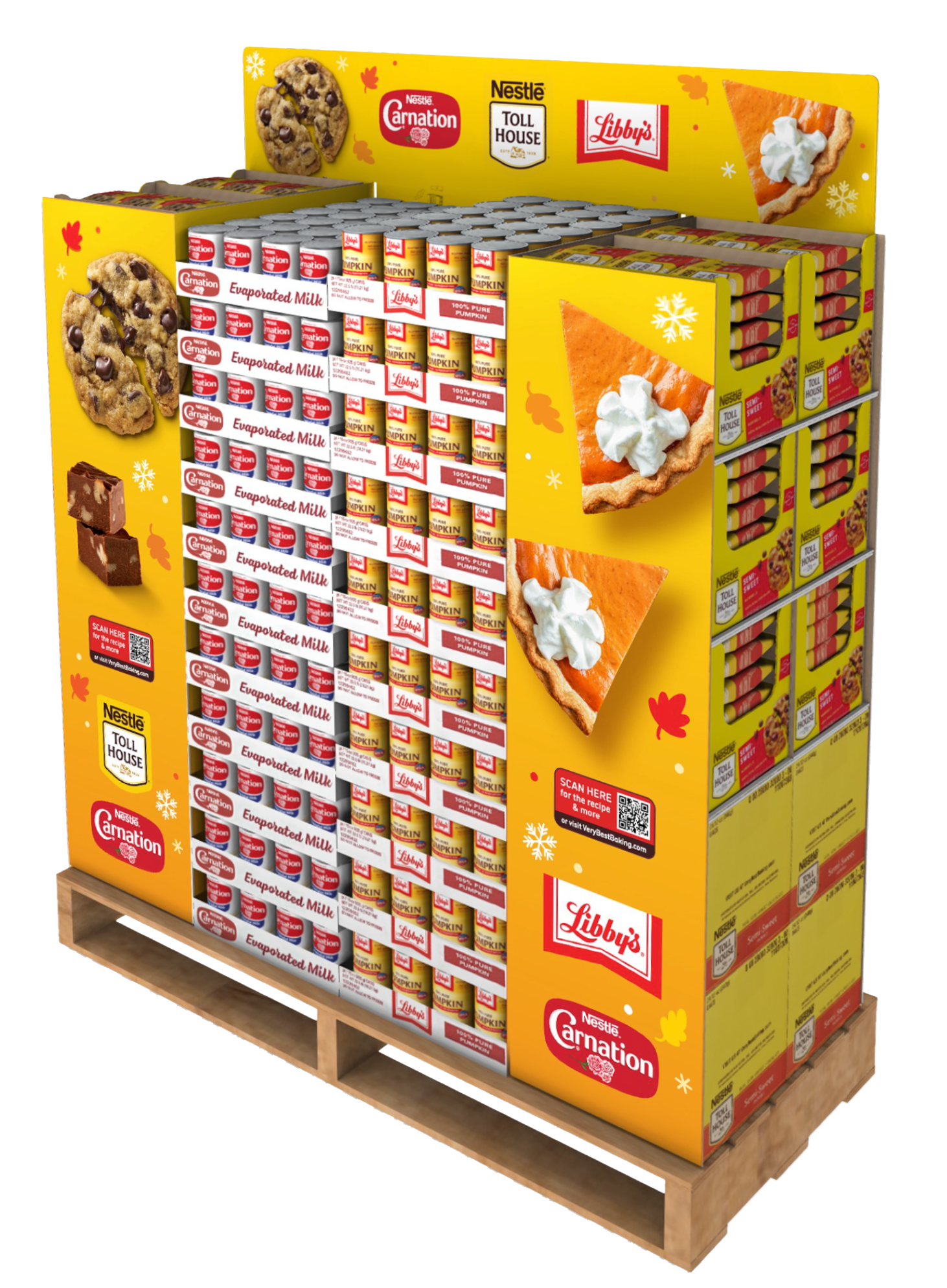 A large display of 15oz can of Libby's Pure Pumpkin and 12oz can of Carnation Evaporated milk, and Tollhouse Chocolate chips. Includes images of seasonal items that use the products on this display - pumpkin pie, brownies and cookies.