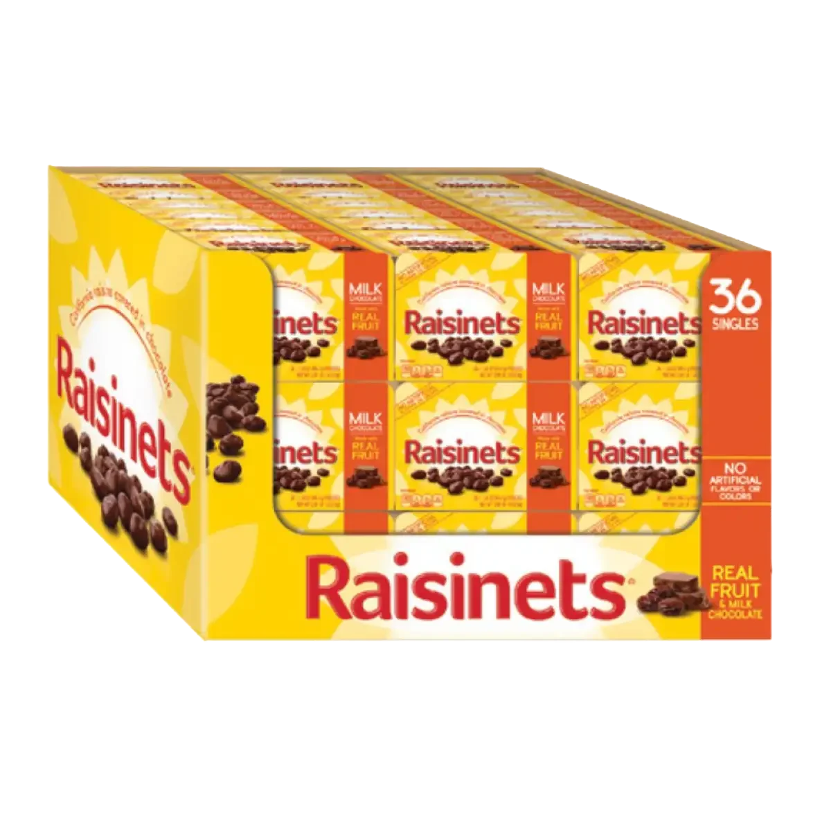 A pack of Raisinets chocolate candies, containing 36 single-serving boxes in yellow packaging with red and white text, featuring an image of chocolate-covered raisins on the front.