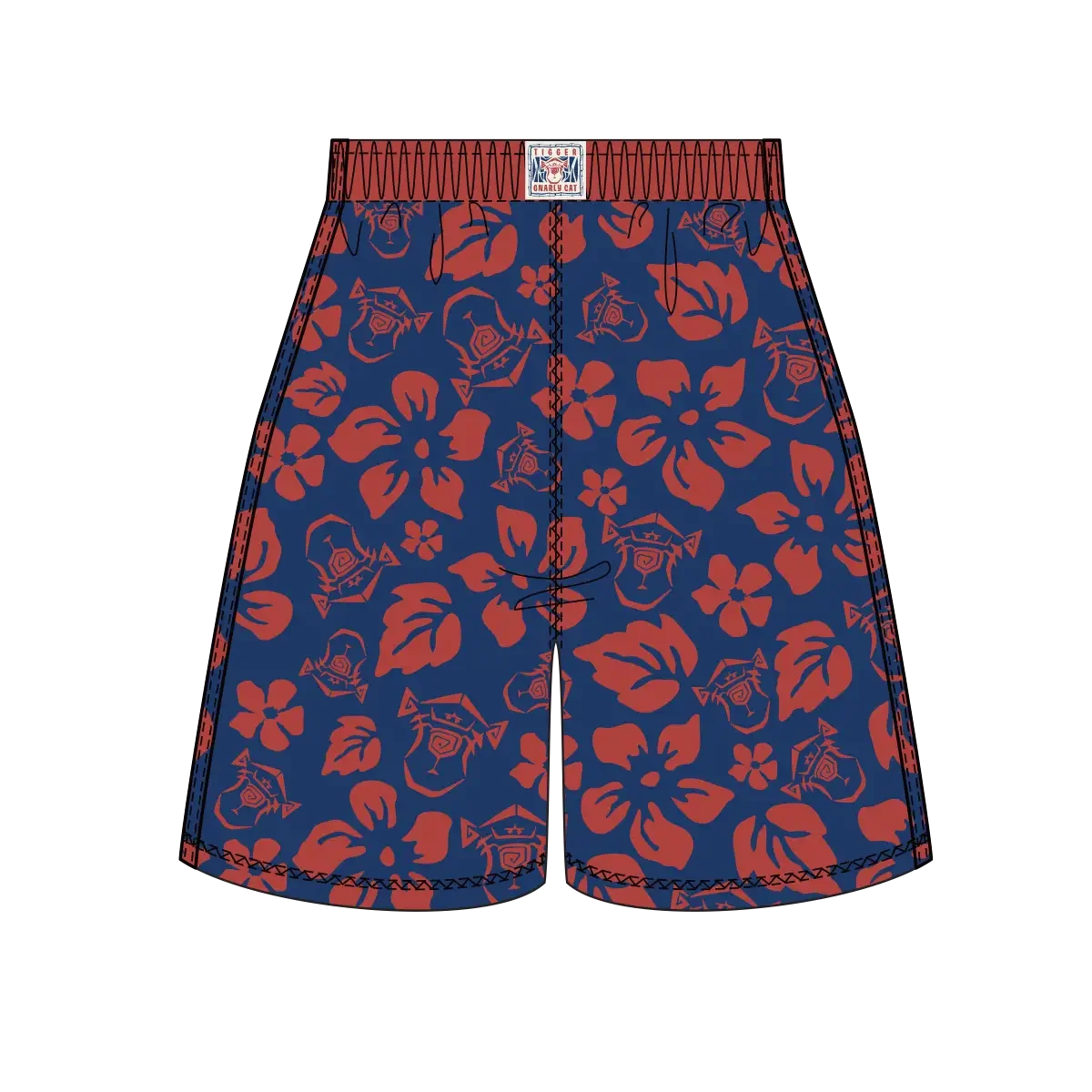 Illustration of men's swim trunks with a navy blue background and a red floral and face pattern, featuring an elastic waistband with a tag reading "Tigger Gnarly Cat."
